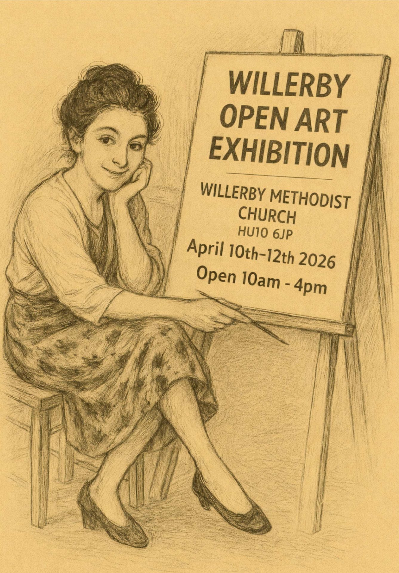 Willerby art exhibition poster with seated artist.